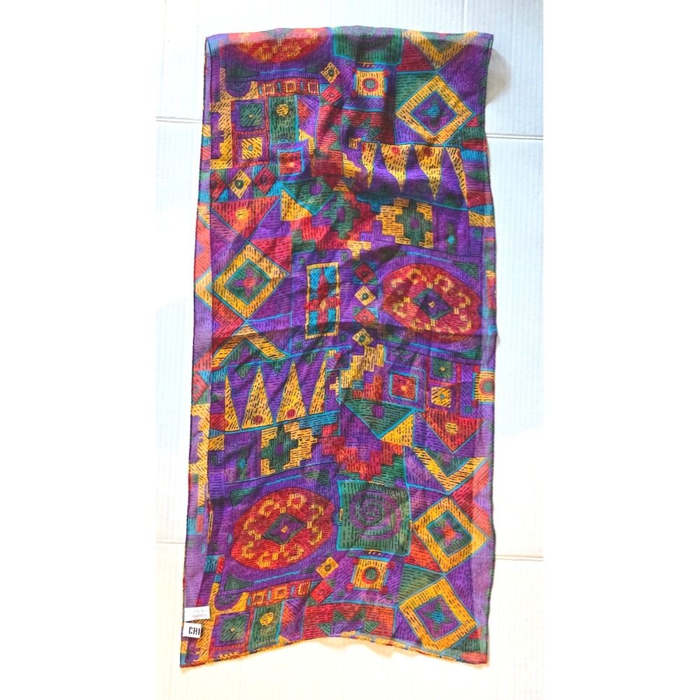 Chico's Silk Scarf Abstract Geometric Print Colorful‎ Lightweight Appx. 30"X12"